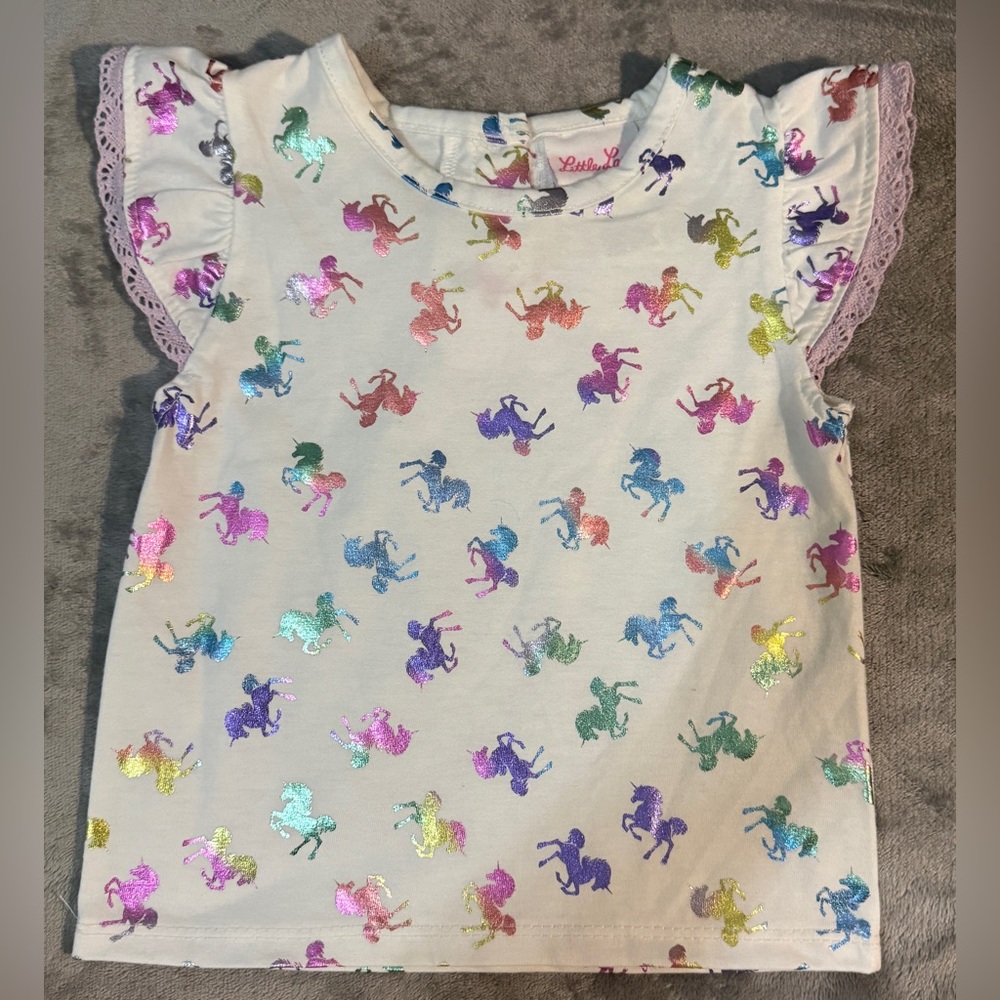 Little Lass White Tee with Multicolor Foil Unicorns and Lavender Lace Sleeves